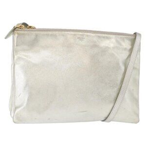 Authentic CELINE Trio large Shoulder Bag Leather Silver Gold